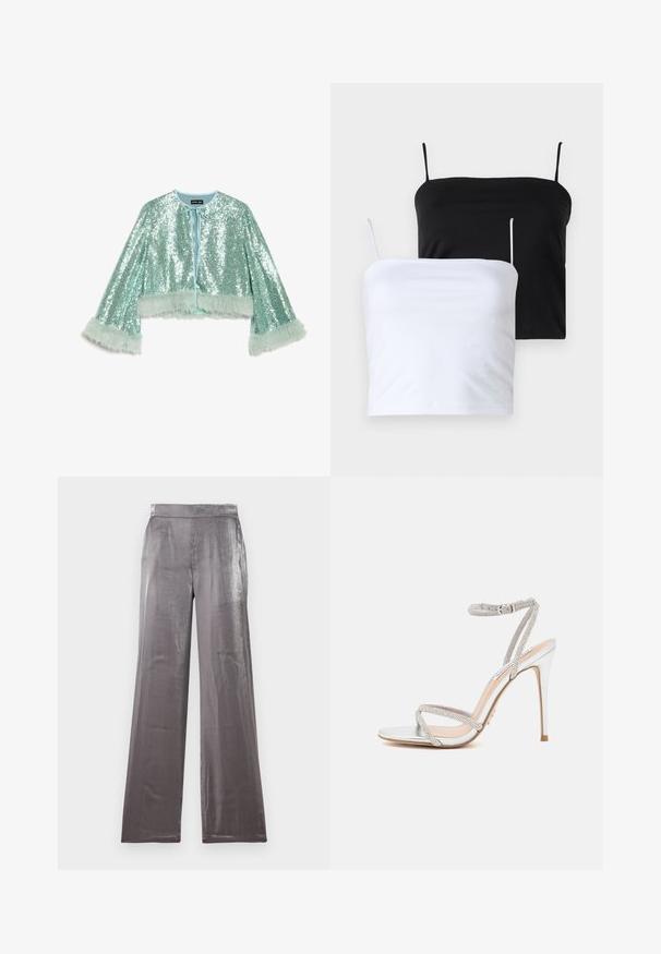 Lyhyt, lyhennetyllä leikkauksella varustettu mintunvihreä takki, joka on koristeltu paljeteilla. Siinä on nauhakiinnitys ja pörröiset, teksturoidut turkiskoristeet hihojen varrella.; Kaksi istuvaa camisole-yläosaa mustana ja valkoisena. Valmistettu pehmeästä kankaasta, jossa on ohuet, säädettävät hihnat. Sujuva pinta, yksinkertainen muotoilu, ei huomattavia kuvioita.; Viimeilliset takkutaskut, joita käytetään, kaikilla odotettavilla lahkeilla. Ne ovat olleet suosionsa vuoksi lighting designin suunnittelun pääkohteena ja ovat pitäneet tasapainon tasaisessa leveässä vyötärölineessä, joka on puhdistettu kaikki näkyville jäävistä taskuista.; Hopeat korkeakorkoiset sandaalit ohuilla remmeillä, joissa on strasseja, tyylikkäällä muotoilulla ja kärjellä.