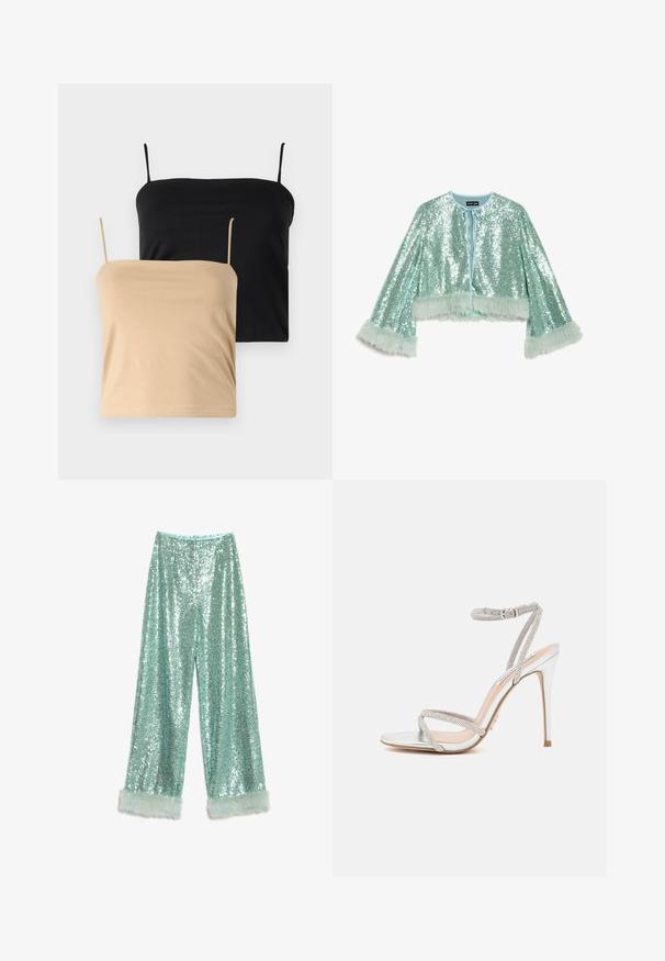 Trumpa, sodriai žalia siuvinėta striukė, apipinta blizgučiais, su raišteliu užsegimu ir pūkuotais, tekstūruotais kailio akcentais ant rankovių.; Du iki naktiniai marškiniai, vienas juodas, kitas smėlio spalvos. Pagaminti iš minkštos, elastingos medžiagos, su plonomis špagetėmis ir prigludusia forma.; Platus šviesiai mėlynos spalvos šortai su blizgučiais, turintys žvilgantį paviršių ir minkštus dirbtinio kailio akcentus apačioje.; Sidabriniai aukšti kulniukai su plonomis juostelėmis, puošti cirkonių akmenimis, pasižymintys elegantišku dizainu ir smailiu pirštu.
