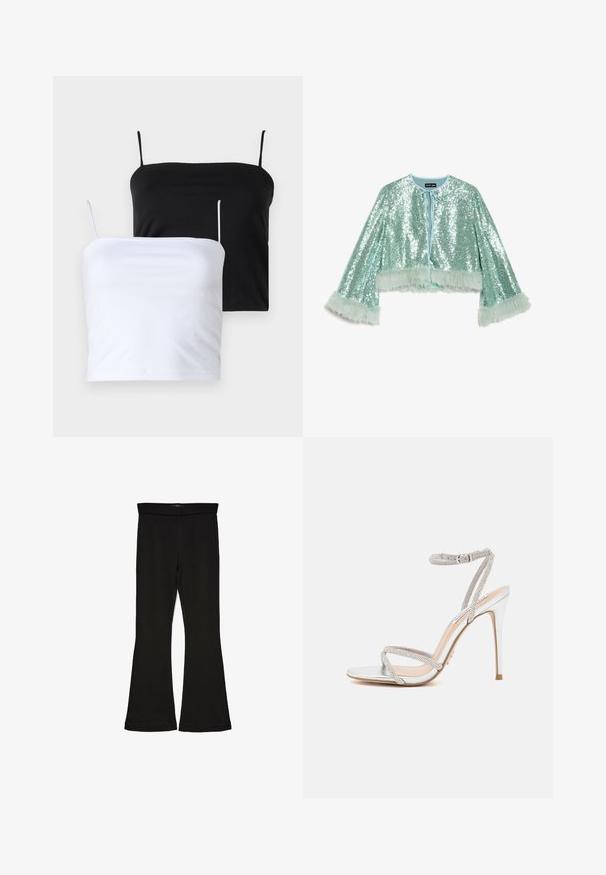 Rövid, felülvarrott dzseki mentazöld színben, flitterekkel borítva, megkötővel, valamint bolyhos, texturált szőrmés díszítéssel az ujjakon.; Két fekete és fehér színű, karcsú camisole felső. Puha anyagból készült, vékony, állítható pántokkal. Sima textúrájú, egyszerű dizájn, nem tartalmaz figyelemre méltó mintákat.; Fekete trapéz leggings rugalmas anyagból készült. Széles derékpánttal és sima textúrával rendelkezik, illeszkedő sziluettje van, amely a szegélyen kigyullad.; Ezüst, magas sarkú szandál vékony pántokkal, strasszokkal díszítve, letisztult dizájnnal és hegyes orral.