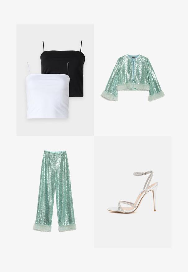 Krátká, zkrácená bunda v mátově zelené barvě pokrytá flitry, s zavazováním na uzel a chlupatými, strukturovanými kožešinovými akcenty na rukávech.; Dvě přiléhavé topy bez rukávů v černé a bílé barvě. Vyrobené z měkké tkaniny s tenkými, nastavitelnými ramínky. Hladká textura, jednoduchý design, žádné viditelné vzory.; Široké kalhoty s třpytivými flitry v světle modré barvě, s jemnými akcenty z měkké umělé kožešiny na lemu.; Stříbrné sandály na vysokém podpatku s tenkými pásky, zdobené kamínky, s elegantním designem a špičatou špičkou.