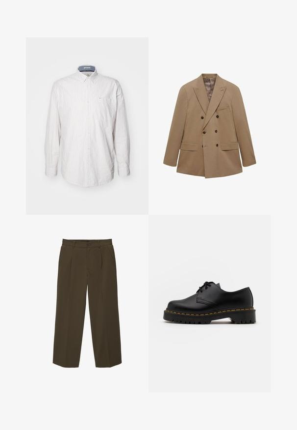 Sacou bej cu două rânduri de butoni, realizat dintr-un material texturat, având două buzunare frontale, rever cu capse și butoane maro. Design ușor.; Cămașă cu mânecă lungă de culoare deschisă, cu dungi verticale subțiri. Dispune de un guler cu nasturi și un buzunar pe piept. Fabricată dintr-un material texturat.; Pantaloni maro, cu croială lejeră, dintr-un material moale, cu talie plată, buzunare laterale și închidere cu nasture la talie. Design simplu, fără tipare.; Pantof black din piele, cu sireturi, cu vârf rotund, talpă din cauciuc texturat și cusături galbene în jurul bazei. Design plat și finisaj neted.