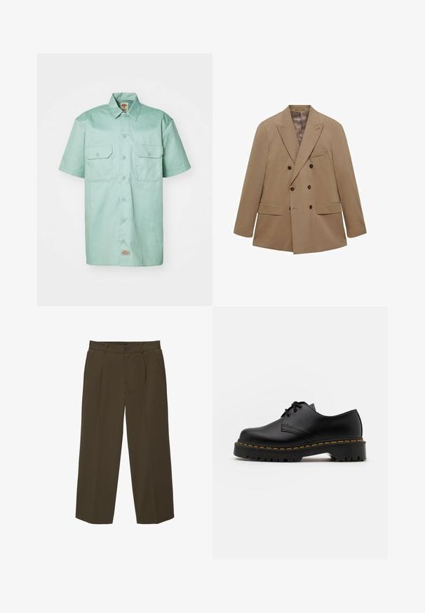 Dwurzędowa beżowa marynarka wykonana z teksturowanej tkaniny, z dwoma przednimi kieszeniami, klapami oraz brązowymi guzikami. Lekka konstrukcja.; Koszula w kolorze miętowym z krótkim rękawem, wykonana z bawełny. Posiada zapięcie na guziki z przodu, dwie kieszenie na piersi oraz metkę z logo przy dolnym brzegu.; Brązowe, luźne spodnie wykonane z miękkiego materiału, z płaskim przodem, kieszeniami bocznymi i zapięciem na guzik w talii. Gładki design, bez wzorów.; Czarne skórzane buty na sznurówki z zaokrąglonym noskiem, teksturowaną gumową podeszwą i żółtym przeszyciem wokół podstawy. Płaski design i gładkie wykończenie.