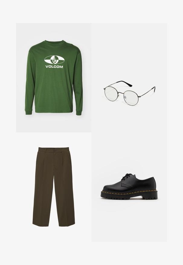 Valkoinen kaksirivinen bleiseri, joka on valmistettu teksturoidusta kankaasta. Hihassa on kaksi etutaskua, viistetyt kaulukset ja ruskeat napit. Kevyt muotoilu.; Vihreä pitkähihaisen puuvillapaita, jossa on valkoinen soikea logo, jossa on timantin muoto ja "VOLCOM" -teksti keskitettynä alle.; Ruske, löst sittande byxor i mjukt tyg med flat front, sidofickor och en knappstängning i midjan. Enkelt utförande utan mönster.; Musta nahkainen nauhakenkä, jossa on pyöreä kärki, kuvioitu kumipohja ja keltaiset tikit ympäri pohjaa. Litteä muotoilu ja sileä pinta.; Pyöreät metalliset silmälasit, joissa on ohuet mustat kehykset, kirkkaat linssit ja muoviset päät korunpäässä. Minimalistinen muotoilu, jossa on hienovaraisia varusteita.