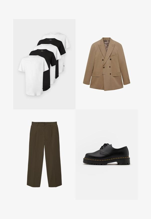 Sacou bej cu două rânduri de butoni, realizat dintr-un material texturat, având două buzunare frontale, rever cu capse și butoane maro. Design ușor.; Set de cinci tricouri: trei albe și două negre. Design clasic cu guler rotund, mâneci scurte, fabricat din bumbac, textură netedă, croi standard.; Pantaloni maro, cu croială lejeră, dintr-un material moale, cu talie plată, buzunare laterale și închidere cu nasture la talie. Design simplu, fără tipare.; Pantof black din piele, cu sireturi, cu vârf rotund, talpă din cauciuc texturat și cusături galbene în jurul bazei. Design plat și finisaj neted.