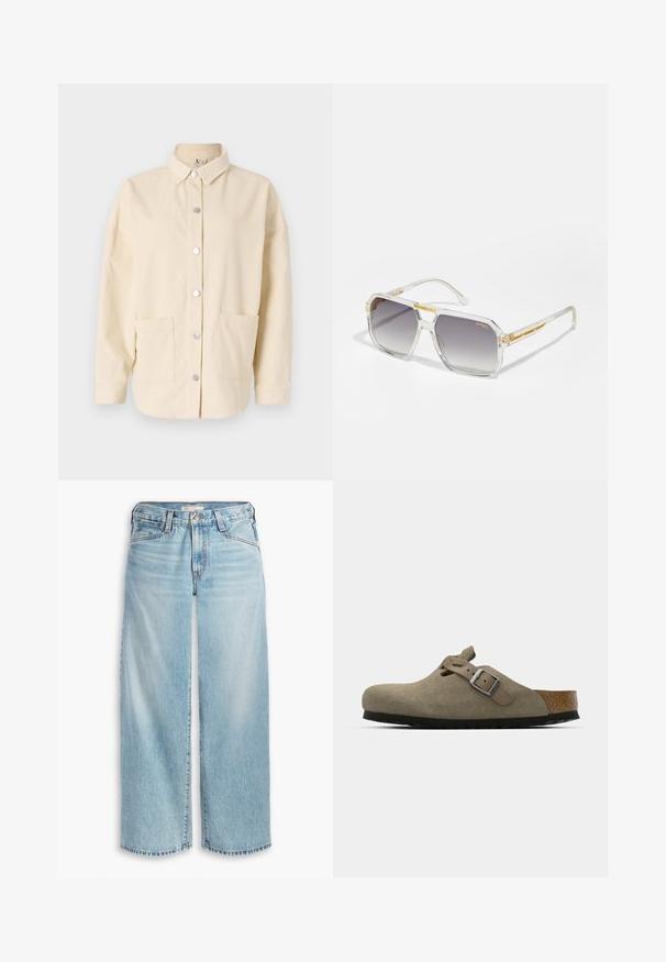 Żółta lniana marynarka z wyraźnie zaznaczonym kołnierzykiem i pasiastą podszewką. Etykieta zawiera informacje o składzie materiału i marce.; Kremowa kurtka koszulowa z materiału sztruksowego, z kołnierzykiem, z zamknięciem na srebrne guziki i dwiema przednimi kieszeniami. Luźny krój i teksturowany materiał.; Jasnoniebieskie dżinsy z szerokimi nogawkami, wykonane z denimu, z wysokim stanem, zapięciem na guziki i postrzępionym dołem. Widoczne szwy i kieszenie.; Zamszowe klapki w jasnym oliwkowym kolorze z formowaną korkową i gumową podeszwą. Posiadają boczny pasek z metalowym sprzączką oraz zaokrąglony czubek.; Carrera VICTORY UNISEX przezroczysty; Torebka o złotej fakturze z gładkim skórzanym paskiem, z zamknięciem na zamek błyskawiczny i dyskretnym wzorem logo nadrukowanym na powierzchni.