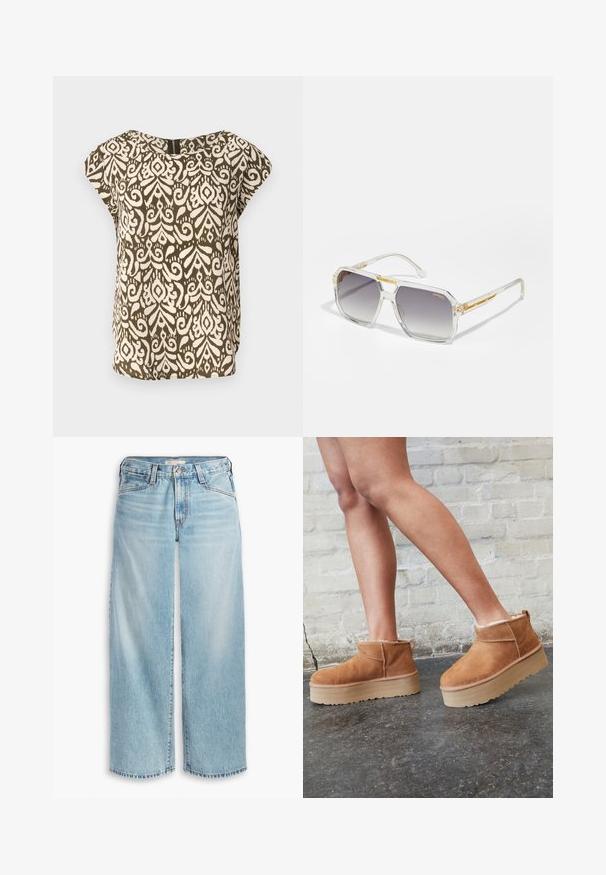 Blazer en lin jaune avec un col cranté et une doublure intérieure rayée. L'étiquette indique la composition du matériau et la marque.; Chemise à manches courtes, vert olive avec un motif abstrait crème, encolure arrondie, tissu doux, coupe ample, fermeture éclair discrète dans le dos.; Jean large bleu clair en denim, avec une taille haute, une fermeture à boutons et un ourlet effilé. Coutures visibles et poches.; Bottines en suède marron avec une doublure en peluche, semelle épaisse en beige et une poignée à l'arrière. Surface texturée avec des détails de couture visibles.; Carrera VICTORY UNISEX - Lunettes de soleil - transparent; Sac à main texturé or avec une sangle en cuir lisse, doté d'une fermeture éclair et d'un motif de logo subtil imprimé sur la surface.