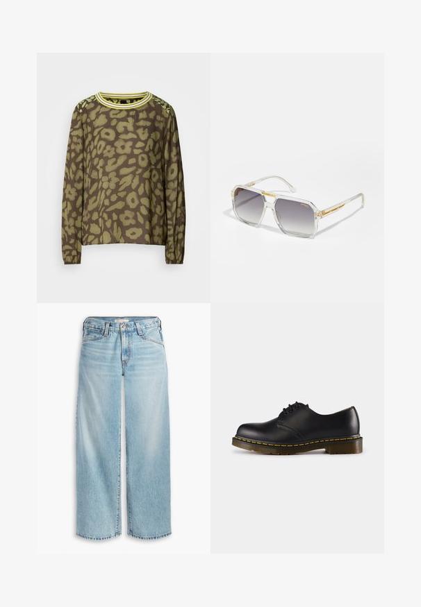 Blazer en lin jaune avec un col cranté et une doublure intérieure rayée. L'étiquette indique la composition du matériau et la marque.; Haut marron à manches longues avec un motif floral abstrait vert, col rond avec des rayures jaunes et poignets élastiques.; Jean large bleu clair en denim, avec une taille haute, une fermeture à boutons et un ourlet effilé. Coutures visibles et poches.; Chaussure en cuir noir avec un bout arrondi, design à lacets, couture jaune le long de la semelle et une semelle en caoutchouc texturée et épaisse.; Carrera VICTORY UNISEX - Lunettes de soleil - transparent; Sac à main texturé or avec une sangle en cuir lisse, doté d'une fermeture éclair et d'un motif de logo subtil imprimé sur la surface.