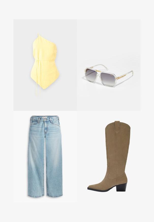 Blazer giallo in lino con revers a punta e foderato a righe. L'etichetta indica la composizione del materiale e il marchio.; Top giallo a spalla unica realizzato in tessuto leggero, con vita arricciata e legacci regolabili, e orlo a punta. Texture liscia.; Top senza maniche beige chiaro realizzato in tessuto a costine, con scollatura rotonda e dettaglio con bottoni sul davanti. Texture liscia e design aderente.; Jeans ampi di colore blu chiaro realizzati in denim, con vita alta, chiusura a bottoni e orlo sfilacciato. Cuciture e tasche visibili.; Stivali in suede color cammello al ginocchio con punta a punta, tacco impilato e dettaglio di cuciture lungo i lati. Texture liscia e design strutturato.; Carrera VICTORY UNISEX - Occhiali da sole - transparent; Borsa con texture dorata, dotata di una tracolla in pelle liscia, con chiusura a zip e un motivo logo sottile stampato sulla superficie.