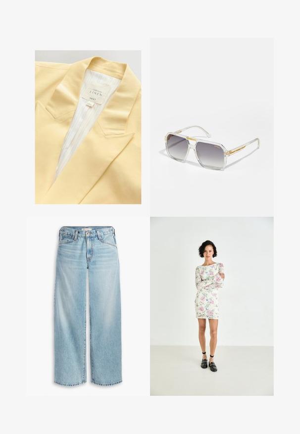 Żółta lniana marynarka z wyraźnie zaznaczonym kołnierzykiem i pasiastą podszewką. Etykieta zawiera informacje o składzie materiału i marce.; Biały top na ramiączkach wykonany z lekkiego materiału. Posiada okrągły dekolt i szerokie wycięcia na ramionach, charakteryzuje się gładką fakturą i minimalistycznym wzornictwem.; Jasnoniebieskie dżinsy z szerokimi nogawkami, wykonane z denimu, z wysokim stanem, zapięciem na guziki i postrzępionym dołem. Widoczne szwy i kieszenie.; Krótkie sukienka z koronkowym wzorem w kwiaty, z długimi rękawami, w różowe i niebieskie wzory na kremowym tle. Czarne mokasyny z ćwiekami i paskami na kostce.; Carrera VICTORY UNISEX przezroczysty; Torebka o złotej fakturze z gładkim skórzanym paskiem, z zamknięciem na zamek błyskawiczny i dyskretnym wzorem logo nadrukowanym na powierzchni.