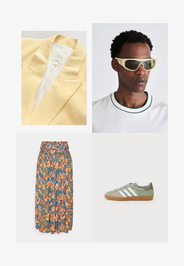 Gelber Leinenblazer mit einem geschlitzten Revers und gestreifter Innenauskleidung. Das Etikett gibt die Materialzusammensetzung und die Marke an.; Helles beige ärmelloses Top aus geripptem Stoff, mit einem runden Halsausschnitt und einer Knopfdetailleiste vorne. Sanfte Textur und figurbetonter Schnitt.; Blumen-Maxi-Rock mit gerafft Bund, der lebendige orange, grün und blaue Muster zeigt. Leichter Stoff mit plissierter Textur.; Grüne Wildledersneaker mit drei weißen Streifen, Gummigummisohle und goldener "Gazelle"-Schriftzug an der Seite. Texturierte Einsätze und Schnürsenkel.; Sonnenbrille mit einem durchsichtigen gelben Rahmen und grün getönten Gläsern. Winkeliges Design mit breiten Bügeln, getragen mit einem weißen Hemd mit grünen Akzenten.; Goldfarbene Handtasche mit einem glatten Ledertrageriemen, ausgestattet mit einem Reißverschluss und einem dezenten Logo-Muster, das auf der Oberfläche aufgedruckt ist.