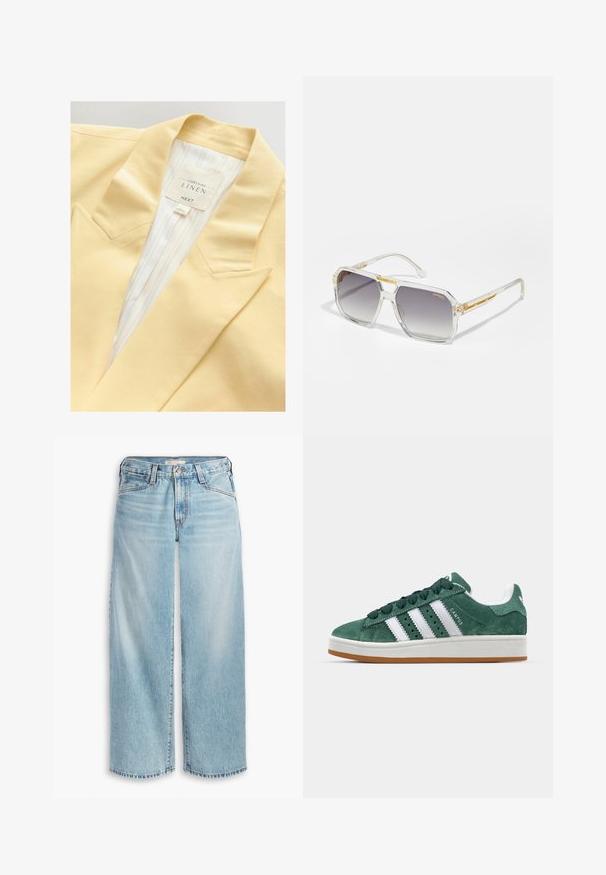 Žlutý lněný blazer s klopovým límcem a pruhovanou vnitřní podšívkou. Na štítku jsou uvedeny informace o složení materiálu a značka.; Světlý béžový bezramínkový top z žebrované tkaniny, s kulatým výstřihem a detailním zapínáním na knoflíky. Hladká textura a přiléhavý střih.; Svetle modré široké džíny z denimu, s vysokým pasem, knoflíkovým zapínáním a roztrhaným lemem. Viditelné švy a kapsy.; Zelené semišové tenisky s bílými koženými pruhy, gumovou podrážkou, polstrovaným límcem a minimalistickým designem. Na boku se nachází logo značky.; Carrera VICTORY UNISEX - Sluneční brýle - transparent; Kabelka s texturou zlata s hladkým koženým popruhem, která má zipové zavření a jemný vzor loga tištěný na povrchu.