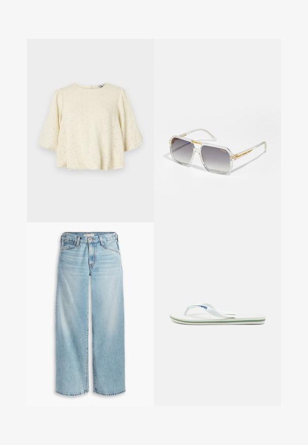 Sárga vászon blézer, amelyet kihajtható gallér és csíkozott bélés jellemez. A címke jelzi a szövet összetételét és a márkát.; Világoskrém színű blúz texturált mintázattal, rövid, harang-ujjakkal és gomblyukas hátsó zárással. Az anyag puha tapintású.; Világoskék, bő szárú farmernadrág, magas derekú, gombos zipzárral és foszlott szegéllyel. Látható varrásokkal és zsebekkel.; Fehér papucs texturált talpbetéttel, vékony pántokkal és sokszínű díszcsíkkal a talpon. A pánton logó található.; Carrera VICTORY UNISEX - Napszemüvegek - transparent; Arany textúrájú kézitáska sima bőrszíjjal, cipzárral záródik, és diszkrét logós mintázattal van ellátva a felületén.