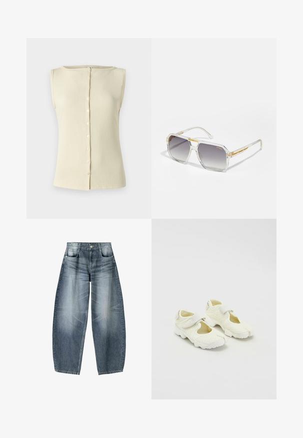Gul linblazer med notchad slag och randig innerfoder. Etiketten anger materialets sammansättning och varumärke.; Ljusbeige ärmlös topp tillverkad av ribbat tyg, med rund halsringning och en knapprad fram. Slät yta och figurnära design.; Vidjeans i ljusblå denim med blekningar, som har en femficksdesign, knappgylf och minimala sömnadsdetaljer.; Vita mesh-skor med en strukturerad design, utrustade med en Velcro-rem och urgröpta sidor, texturerat tyg och en kraftig sula.; Carrera VICTORY UNISEX - Solglasögon - transparent; Handväska med guldtextur och ett slätt läderrem, med dragkedjestängning och subtilt logomönster tryckt på ytan.