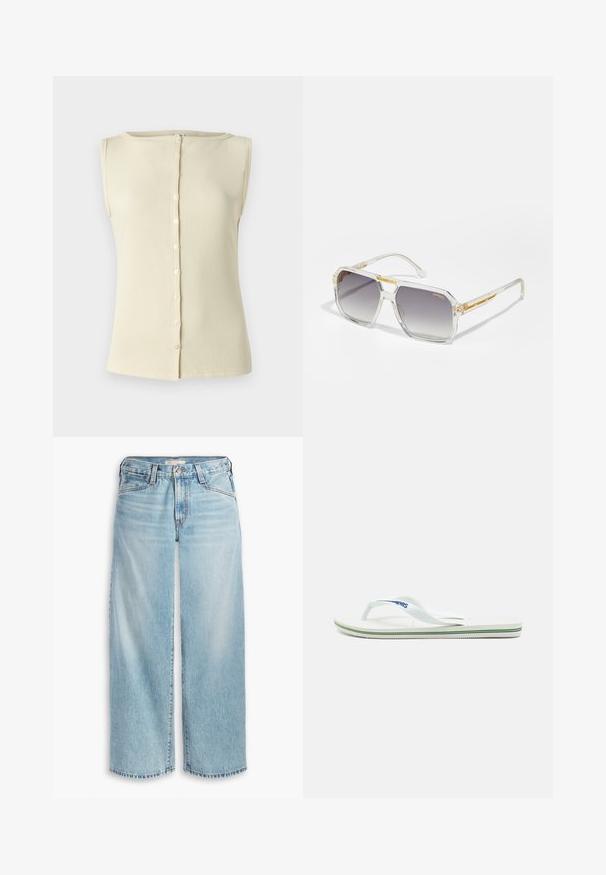 Blazer giallo in lino con revers a punta e foderato a righe. L'etichetta indica la composizione del materiale e il marchio.; Top senza maniche beige chiaro realizzato in tessuto a costine, con scollatura rotonda e dettaglio con bottoni sul davanti. Texture liscia e design aderente.; Jeans ampi di colore blu chiaro realizzati in denim, con vita alta, chiusura a bottoni e orlo sfilacciato. Cuciture e tasche visibili.; Infradito bianchi con una soletta testurizzata, strap sottile e una linea di accento multicolore sulla suola. Presenta il logo sulla fascia.; Carrera VICTORY UNISEX - Occhiali da sole - transparent; Borsa con texture dorata, dotata di una tracolla in pelle liscia, con chiusura a zip e un motivo logo sottile stampato sulla superficie.