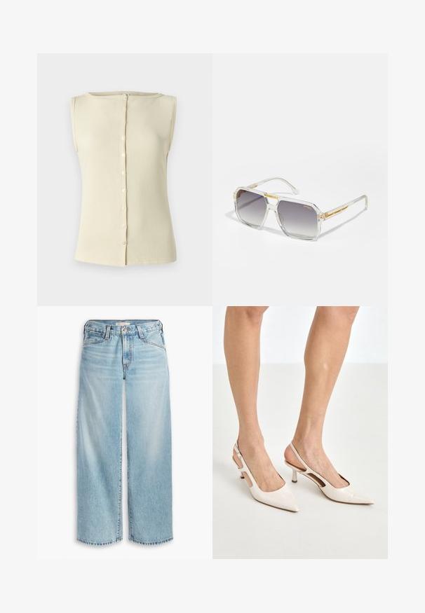 Gelber Leinenblazer mit einem geschlitzten Revers und gestreifter Innenauskleidung. Das Etikett gibt die Materialzusammensetzung und die Marke an.; Helles beige ärmelloses Top aus geripptem Stoff, mit einem runden Halsausschnitt und einer Knopfdetailleiste vorne. Sanfte Textur und figurbetonter Schnitt.; Hellblaue, weit geschnittene Jeans aus Denim mit hoher Taille, Knopfverschluss und ausgefranstem Saum. Sichtbare Nähte und Taschen.; Beige Lackleder Slingback-Absätze mit spitzem Fuß und 5 cm Absatz, mit ausgeschnittenen Seiten und einem schmalen Knöchelriemen.; Carrera VICTORY UNISEX - Sonnenbrille - transparent; Goldfarbene Handtasche mit einem glatten Ledertrageriemen, ausgestattet mit einem Reißverschluss und einem dezenten Logo-Muster, das auf der Oberfläche aufgedruckt ist.