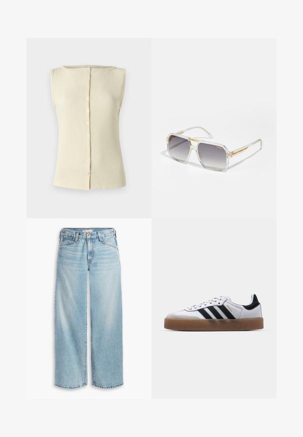 Dzeltena lina žakete ar izgrieztu pŗlacketi un svītrainu iekšējo oderi. Etiķete norāda materiāla sastāvu un zīmolu.; Gai bežs bez piedurknēm tops, izgatavots no ribota auduma, ar apaļu izgriezumu un pogu priekšpusi. Gluda tekstūra un pieguļošs dizains.; Gaiši zili platās kājas džinsi, izgatavoti no denima, ar augstu jostasvietu, pogu aizdari un saplēstu apakšmali. Redzama šūšana un kabatas.; Baltas ādas kedas ar melnām svītrām, gumijas zole, apaļa purngala forma, auklu aizdare un maigs pelēks zamšs uz purngala.; Carrera VICTORY UNISEX - Saulesbrilles - transparent; Zelta tekstūras soma ar gludu ādas siksnu, piedāvā ar rāvējslēdzēju aizdari un smalku logotipa rakstu uz virsmas.