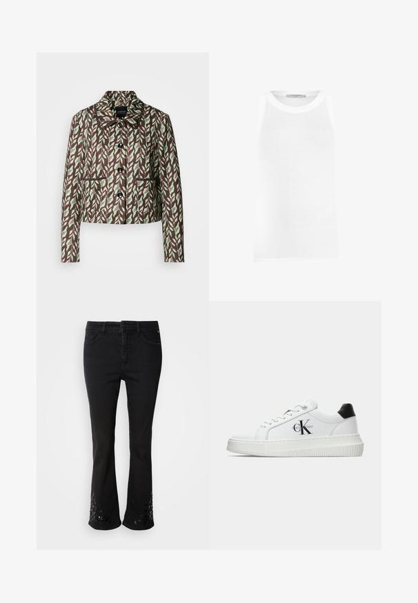Marc Cain Bleiser - dark wood; Valge ilma varrukateta top, mis on valmistatud ribakudumist, ringikujulise kaelusega ja sujuvate servadega mugava istuvuse jaoks.; Mustad denim flared teksad kaunistatud litritega mustri ääres, viie taskuga, vöökohaga ja ees nupuga kinnitusega.; Valge madalate sokkidega jooksutoss, millel on must konts, platvormi tallad, paelad ja Calvin Kleini "CK" logo küljel.