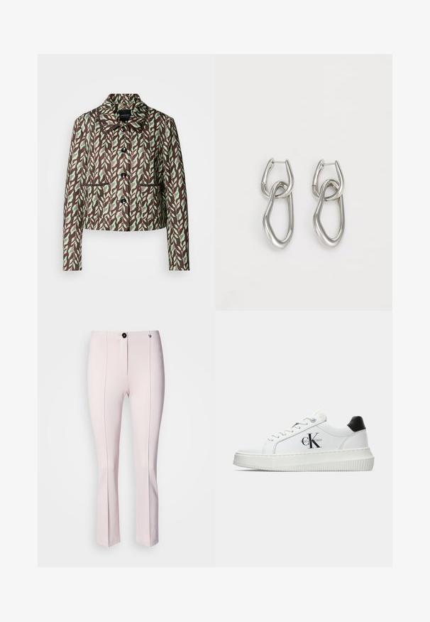 Marc Cain Žakete - dark wood; Baltas bez piedurknēm topiņš, kas izgatavots no ribota auduma, ar apaļu kakla izgriezumu un bezšuvju malām, kas nodrošina gludu piegulšanu.; Rozā pielāgotas bikses ar nelielu izplūdi, ar priekšējo pogu aizdari, divām vertikālām vīlēm un gludu tekstūru.; Baltā zema topa sporta apavas ar melnu papēža cilni, platformas zoli, auklēm un Calvin Klein "CK" logo sānos.; Calvin Klein STATEMENT LINKS - Auskari - silver-coloured