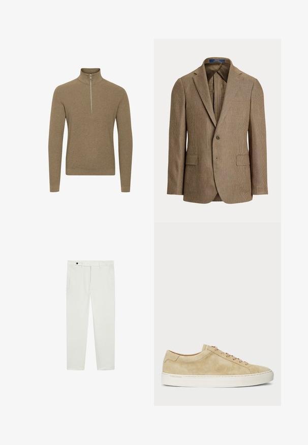 Brun houndstooth-blazer med krage, två framfickor och en enkel knäppning. Texturerad tyg med en polerad look.; Brun zippered tröja med hög krage, tillverkad av texturerad stickad tyg. Har långa ärmar och en figurnära design.; Vita bomullbyxor med slim fit, med knappstängning, två sidofickor och minimala sömnadsdetaljer.; Beiga mockaskor med låg profil, rund tå och beiga snören. Har en vit gummisula och diskret branding på sidan.