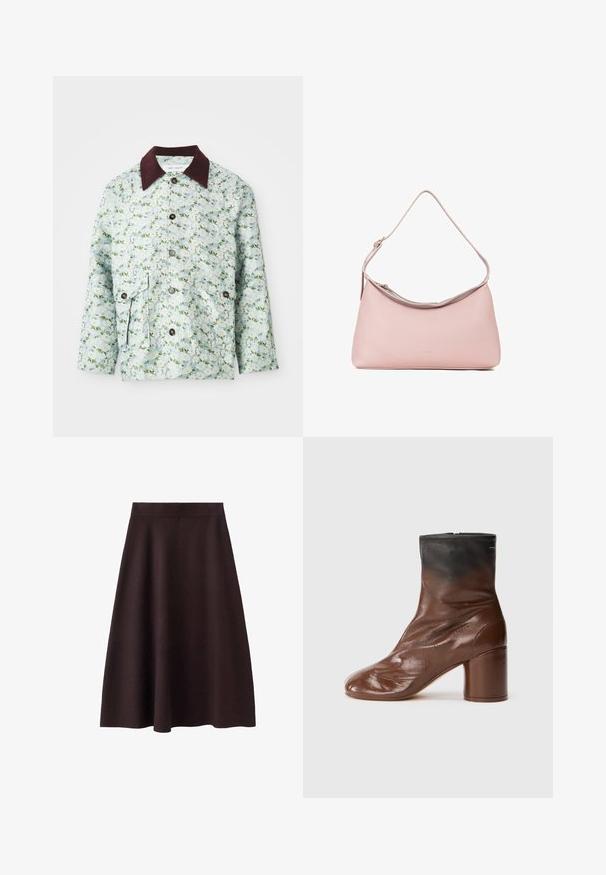 Blomsterfarvet jakke i lyseblåt stof med grønne og hvide blomster. Har en bordeaux farvet krave, knaplukning og to forlommer.; Mørkegrå langærmet skjorte lavet af blødt stof. Har en rund halsudskæring, tætsiddende liv og udvidede ærmer med en glat tekstur.; Mørkebrun, knælang A-linjeet nederdel med en glat tekstur og en tætsiddende talje. Ingen synlige mønstre eller accenter. Enkel design.; Brun læder ankelstøvle med rund tå, med en tekstureret overflade, en sort øverste del og en kraftig hæl. Lynlåslukning bagpå.; Miriade MALILLA - Håndtasker - viola