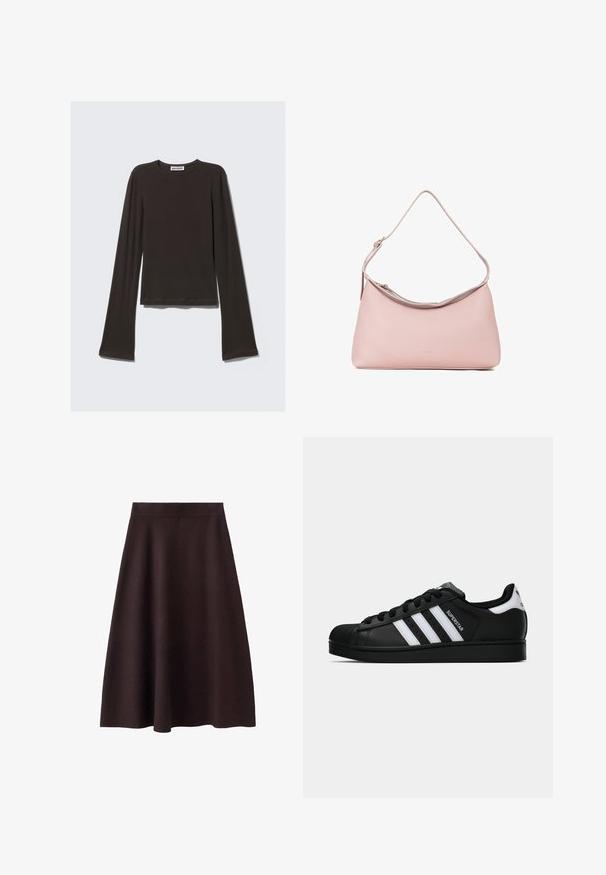 Blommönstrad jacka i ljusblått tyg med gröna och vita blommor. Har en vinröd krage, knappstängning och två framfickor.; Mörkgrå långärmad tröja i mjukt material. Har en rundad halsringning, figurnära midja och utställda ärmar med en jämn yta.; Mörkbrun, knä-lång A-linjeformad kjol med en slät textur och en åtsittande midja. Inga synliga mönster eller detaljer. Enkel design.; Svart Adidas Superstar sneaker med vita ränder, sula i skalform och "Superstar" text på sidan, visad i sidoprofil mot vit bakgrund.; Miriade MALILLA - Handväska - viola