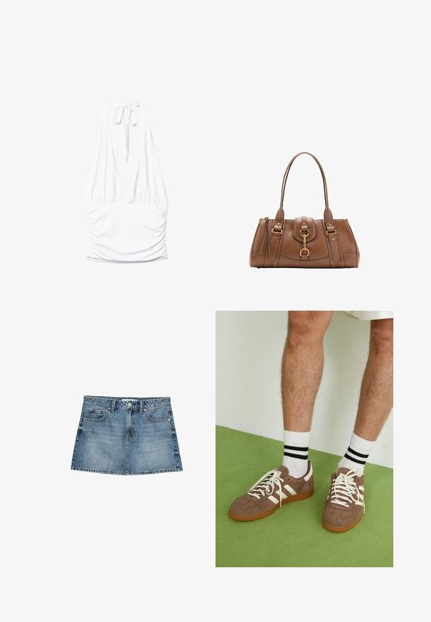 NA-KD Blazer - brown; Stradivarius GATHERED HALTER - Top - white; Jeansrock in Hellblau, mit fünf Taschen, Knopfverschluss und leicht ausgestellt geschnittenem Saum, mit einer abgetragenen Textur und verblassten Details.; Braune Wildleder-Sneaker mit weißen Akzenten und Schnürsenkeln. Gummisohle in Kautschuk-Optik. Getragen mit weißen Socken, die schwarze Streifen haben. Grüner strukturierter Fußboden.; Braune Lederhandtasche mit doppelten Griffen, goldenen Hardware-Akzenten und strukturiertem Design. Verfügt über eine zentrale Klappe mit einem Schlaufen-Detail.