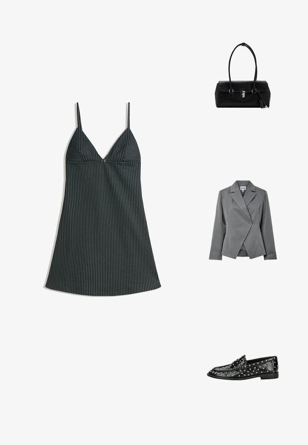Gray pinstriped blazer with a double-breasted front, sharp lapels, and a single button closure. Features long sleeves and a tailored fit.; Black and white striped slip dress with a V-neck, thin straps, and a loose fit. The fabric has a smooth texture and a straight hem.; Black leather loafers featuring a studded design with silver accents, flat sole, and stitched detailing for a textured appearance.; Black leather handbag with a smooth texture, structured design, dual handles, and a silver clasp detail at the center.