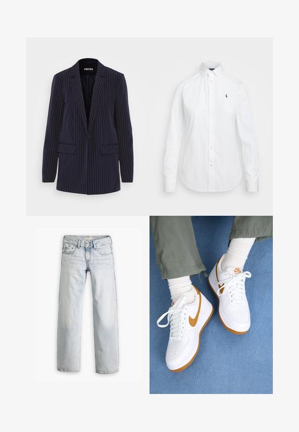 Tumedat sinises triibulises bleiseris on sälguga krae, pikad varrukad, klapiga taskud ja kohandatud lõige.; Valge nööbita dressipluus, millel on terav krae, pikad varrukad ja väike sinine logo vasakul rinnal. Valmistatud puuvillakangast.; Heledsinised teksad, millel on lõtv istuvus, kõrge vöökoht ja viie tasku disain. Säravad õmblused ja nupuga sulgemine.; Nike Sportswear AIR FORCE 1 07 NEXT NATURE - Tossud - white/flax