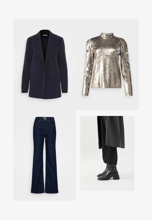 Námořnický modrý blazer s pruhy, s klopami, dlouhými rukávy, klopovými kapsami a obepnutým střihem.; Halenka s dlouhým rukávem a vysokým krkem pokrytá stříbrnými flitry. Vyznačuje se hladkou texturou, přiléhavým střihem a designovými detaily s nabíranými rameny.; ONLY Tall ONLJUICY WIDE RINSE - Wide leg - dark blue denim; Černé kožené kotníkové boty se čtveratou špičkou a robustním podpatkem, nošené s volnými černými kalhotami a tmavě šedým kabátem. Hladký povrch.