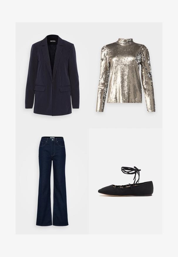 Navy blue pinstripe blazer with notched lapels, long sleeves, flap pockets, and a tailored fit.; Long-sleeve, high-neck top covered in silver sequins. Features a smooth texture with a fitted silhouette and puffed shoulder design details.; ONLY Tall ONLJUICY WIDE RINSE - Wide Leg - dark blue denim; Loeffler Randall LOUISA LACE UP BALLET FLAT - Ankle strap ballet pumps - black