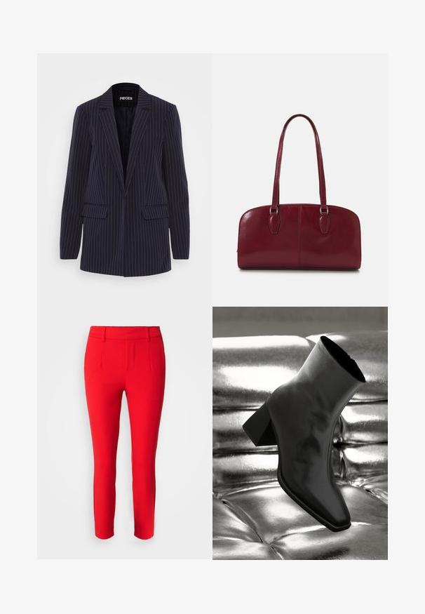 Granatowa marynarka w prążki z klapami, długim rękawem, kieszeniami z klapami i dopasowanym krojem.; Długi rękaw, bluzka z wysokim kołnierzem pokryta srebrnymi cekinami. Posiada gładką teksturę, dopasowany krój oraz detale w postaci bufiastego rękawka.; Object OBJLISA czerwony; Czarne botki za kostkę wykonane z błyszczącego materiału, z kwadratowym noskiem i zwężającym się obcasem, na tle błyszczącego srebrnego tapicerowanego tła.; Zign MURREN ciemnoczerwony