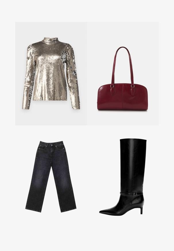 Blazer bleu marine à rayures verticales avec revers crantés, manches longues, poches à rabat et coupe ajustée.; Haut à manches longues et col haut recouvert de sequins argentés. Présente une texture lisse avec une silhouette ajustée et des détails de conception à épaules bouffantes.; Jean en denim noir taille haute avec une coupe large, design à cinq poches et coutures visibles. Le tissu a une finition lisse, légèrement texturée.; Botte en cuir noir montante jusqu'au genou avec un bout pointu et un petit talon. Présente une sangle étroite avec une boucle métallique autour de la cheville. Texture lisse.; Zign LEATHER - Sac à main - dark red