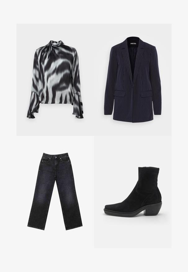 Navy blue pinstripe blazer with notched lapels, long sleeves, flap pockets, and a tailored fit.; Black and gray blouse in a smooth, silky fabric. Features a high neck and flared sleeves with a wavy tie-dye pattern throughout.; Two long-sleeve t-shirts, one black and one white, made of soft cotton fabric, with round necklines and a cropped design.; High-waisted black denim jeans with a wide-leg cut, five-pocket design, and visible stitching. Fabric has a smooth, slightly textured finish.; Black suede ankle boot with a square toe design, low block heel, and smooth texture. Features a fitted upper and minimal stitching details.