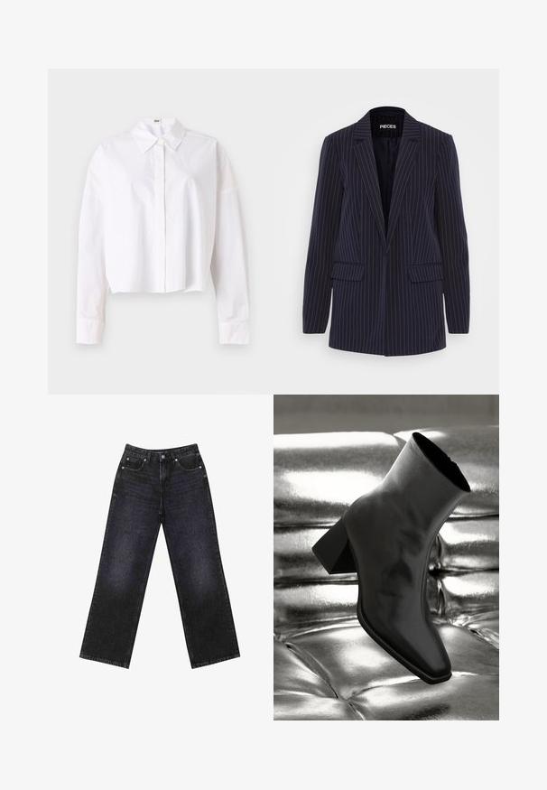 Navy blue pinstripe blazer with notched lapels, long sleeves, flap pockets, and a tailored fit.; White cropped shirt made of cotton with a classic collar, button-down front, and long sleeves featuring cuffs. Smooth texture, simple design.; High-waisted black denim jeans with a wide-leg cut, five-pocket design, and visible stitching. Fabric has a smooth, slightly textured finish.; Black ankle boot made of glossy material with a square toe and tapered heel, set against a shiny silver tufted background.