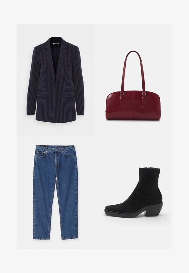 Μπλέ σακάκι με λεπτές ρίγες, με σαγόνια, μακριά μανίκια, τσέπες με καπάκι και κομψή γραμμή.; Δύο μπλούζες με μακρύ μανίκι, μία μαύρη και μία λευκή, κατασκευασμένες από μαλακό βαμβακερό ύφασμα, με στρογγυλές λαιμόκοψεις και cropped σχέδιο.; Dondup CINDY - Straight leg jeans - blue; Μαύρη σουέτ μπότες μέχρι τον αστράγαλο με τετράγωνη μύτη, χαμηλό τετράγωνο τακούνι και λεία υφή. Διαθέτει εφαρμοστό πάνω μέρος και ελάχιστες ραφές.; Zign LEATHER - Τσάντα χειρός - dark red
