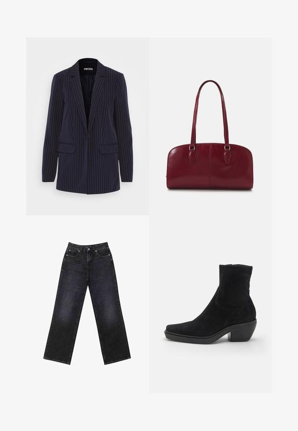 Blazer blu navy a righe con rever a punta, maniche lunghe, tasche a pattina e vestibilità sartoriale.; Due magliette a maniche lunghe, una nera e una bianca, realizzate in morbido cotone, con scollature rotonde e un design cropped.; Jeans in denim neri a vita alta con un taglio a gamba larga, design a cinque tasche e cuciture visibili. Il tessuto ha una finitura liscia e leggermente tessurizzata.; Stivaletto in suede nero con design a punta quadrata, tacco basso a blocco e texture liscia. Presenta una parte superiore attillata e dettagli di cucitura minimi.; Zign LEATHER - Borsa a mano - dark red