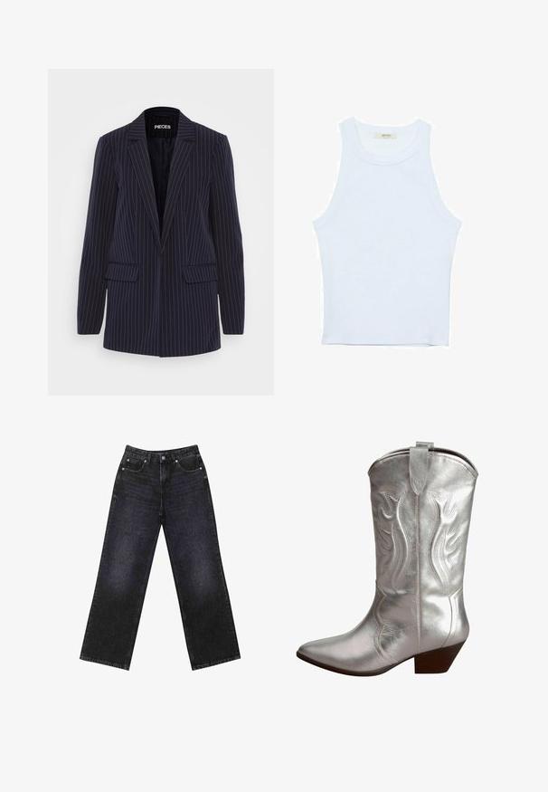 Blazer bleu marine à rayures verticales avec revers crantés, manches longues, poches à rabat et coupe ajustée.; Débardeur blanc, texture côtelée, encolure ronde, design sans manches, forme ajustée, marque discrète sur l'étiquette à l'intérieur du col.; Jean en denim noir taille haute avec une coupe large, design à cinq poches et coutures visibles. Le tissu a une finition lisse, légèrement texturée.; Botte de cow-boy métallique argentée avec un bout pointu, des coutures décoratives et un talon bas empilable. Présente une sangle au sommet pour un enfilage facile.