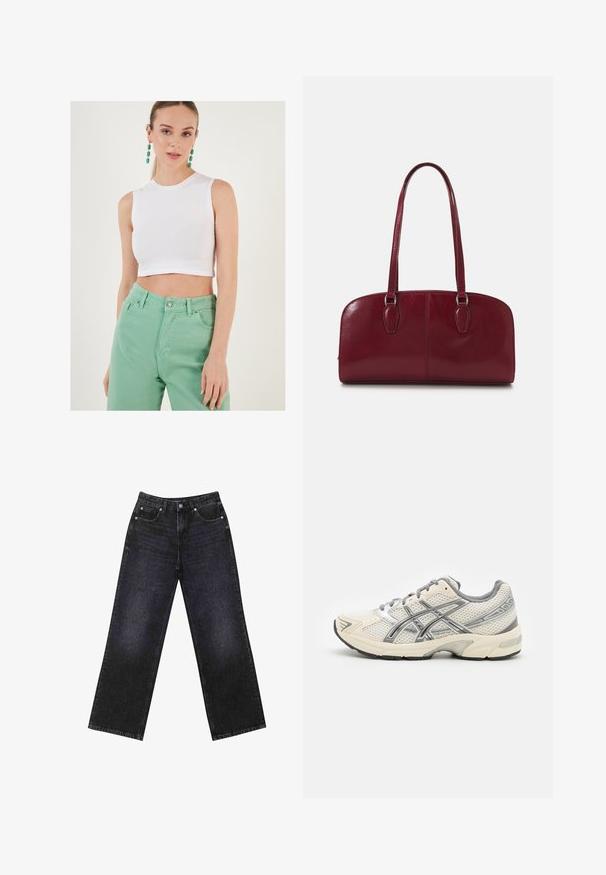 Marineblå blazer med smalle striber, med spaltestik, lange ærmer, klaplommer og en skræddersyet pasform.; Hvid cropped ærmeløs top lavet af bomuld, parret med højtaljede mintgrønne jeans. Outfittet har et enkelt design og en glat tekstur.; Højtaljede sorte denim jeans med en bred benklip, fem-lomme design og synlig syning. Stoffet har en glat, let tekstureret finish.; Løbesko med en åndbar hvid mesh-overdel, sølvdetaljer, grå snørebånd og en holdbar sort gummisål. Letvægts, polstret design.; Zign LEATHER - Håndtasker - dark red