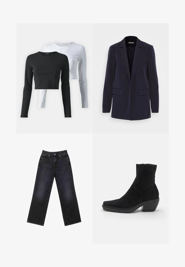 Blazer blu navy a righe con rever a punta, maniche lunghe, tasche a pattina e vestibilità sartoriale.; Due magliette a maniche lunghe, una nera e una bianca, realizzate in morbido cotone, con scollature rotonde e un design cropped.; Jeans in denim neri a vita alta con un taglio a gamba larga, design a cinque tasche e cuciture visibili. Il tessuto ha una finitura liscia e leggermente tessurizzata.; Stivaletto in suede nero con design a punta quadrata, tacco basso a blocco e texture liscia. Presenta una parte superiore attillata e dettagli di cucitura minimi.