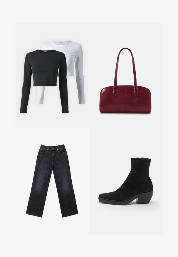 Marineblauer Nadelstreifen-Blazer mit Revers, langen Ärmeln, Klappentaschen und taillierter Passform.; Zwei Langarm-T-Shirts, eines schwarz und eines weiß, aus weichem Baumwollstoff, mit Rundhalsausschnitten und cropped Design.; Hoch taillierte schwarze Jeans aus Denim mit weitem Bein, Fünf-Taschen-Design und sichtbaren Nähten. Der Stoff hat eine glatte, leicht strukturierte Oberfläche.; Schwarze Wildleder-Stiefelette mit quadratischer Zehenform, niedrigem Blockabsatz und glatter Textur. Verfügt über einen eng anliegenden Schaft und minimalistische Steppnähte.; Zign LEATHER - Handtasche - dark red
