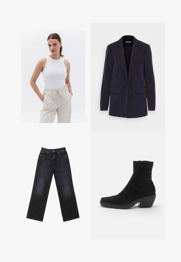 Granatowa marynarka w prążki z klapami, długim rękawem, kieszeniami z klapami i dopasowanym krojem.; Biały prążkowany top na ramiączkach z okrągłym dekoltem, w połączeniu z beżowymi spodniami z elastycznym pasem i bocznymi kieszeniami.; Czarne dżinsy z wysokim stanem i szerokimi nogawkami, pięciokieszeniowy design oraz widoczne szwy. Materiał ma gładkie, lekko teksturowane wykończenie.; Czarne zamszowe botki na kostkę o kwadratowym nosku, niskim blokowym obcasie i gładkiej fakturze. Posiadają dopasowaną cholewkę i minimalne detale przeszycia.
