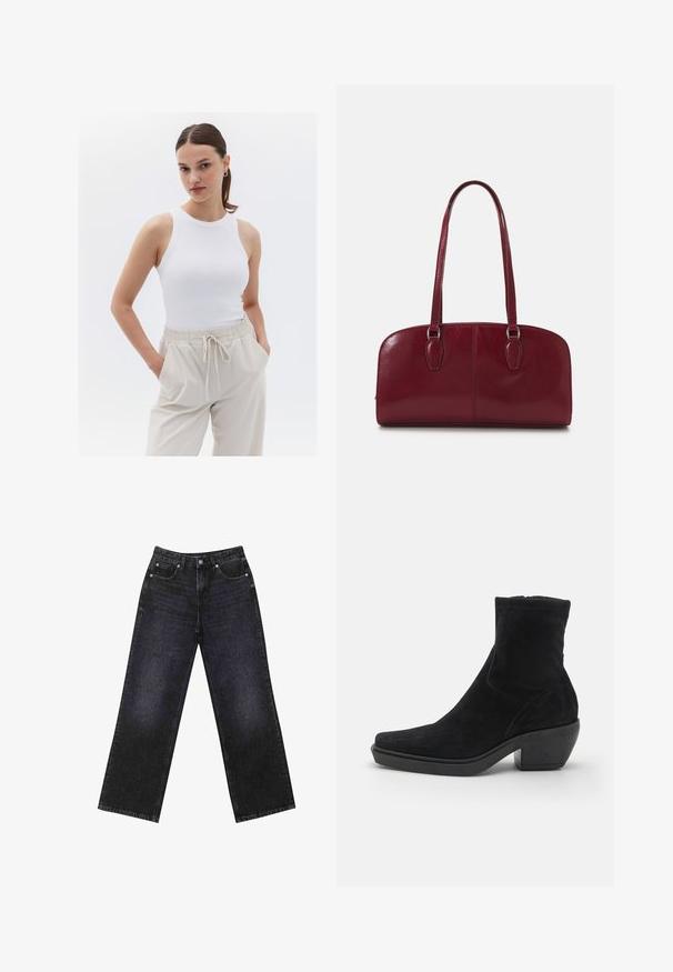 Marineblauer Nadelstreifen-Blazer mit Revers, langen Ärmeln, Klappentaschen und taillierter Passform.; Weißes geripptes Tanktop mit rundem Ausschnitt, kombiniert mit beigen Hosen mit elastischem Bund und seitlichen Taschen.; Hoch taillierte schwarze Jeans aus Denim mit weitem Bein, Fünf-Taschen-Design und sichtbaren Nähten. Der Stoff hat eine glatte, leicht strukturierte Oberfläche.; Schwarze Wildleder-Stiefelette mit quadratischer Zehenform, niedrigem Blockabsatz und glatter Textur. Verfügt über einen eng anliegenden Schaft und minimalistische Steppnähte.; Zign LEATHER - Handtasche - dark red