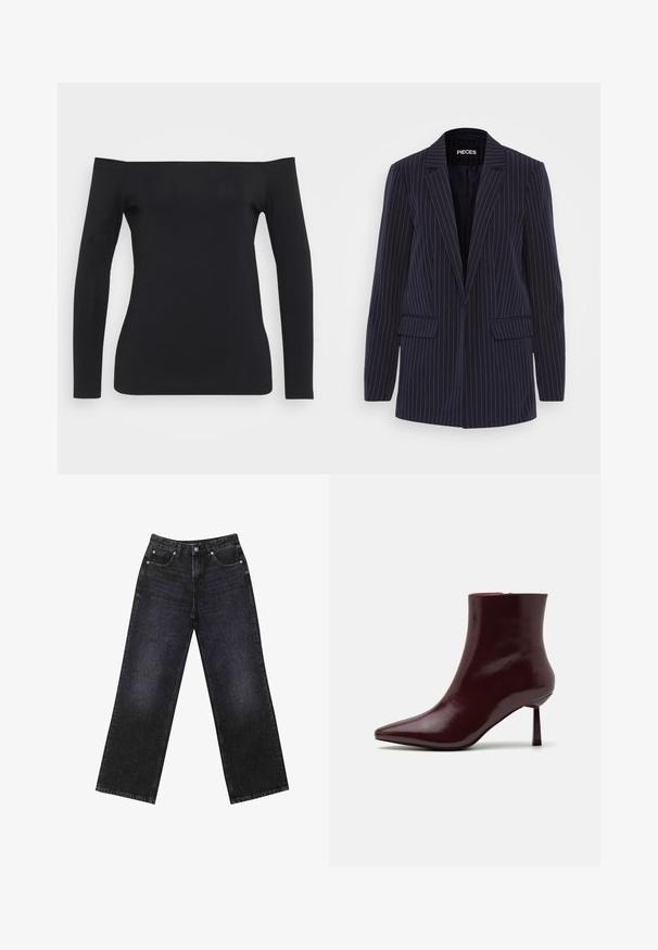 Námořnický modrý blazer s pruhy, s klopami, dlouhými rukávy, klopovými kapsami a obepnutým střihem.; Černý top s dlouhými rukávy a designem bez ramínek, vyrobený z hladké, elastické tkaniny, s přiléhavým střihem a bez viditelných vzorů.; Černé džíny s vysokým pasem a širokým střihem, pět kapsami a viditelným švem. Materiál má hladký, mírně strukturovaný povrch.; Burgundské lakované kozačky po kotníky se špičatou špičkou a štíhlým jehlovým podpatkem, s hladkou, lesklou texturou a minimalistickým designem.