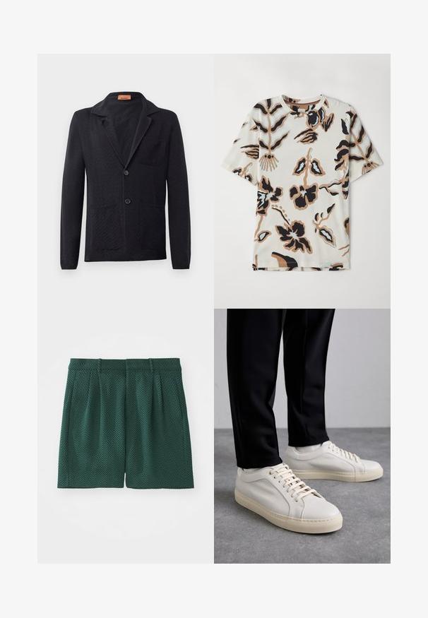 Zwart gebreid blazer met een visgraatpatroon, notch-lapel, twee voorzakken en twee knopen. Etiket zichtbaar binnenin de kraag.; Korte mouwen T-shirt van zachte stof, met een crème achtergrond en abstracte bloemenpatronen in zwart, bruin en lichtblauw.; Donkergroene shorts van een gestructureerde stof met een visgraatpatroon. Voorzien van plooien en een tailleband, geknipt tot kniehoogte.; Lichtbeige leren sneakers met platte veters, een gestructureerd oppervlak en een contrasterende crème-kleurige rubberen zool, gecombineerd met zwarte taps toelopende broek.