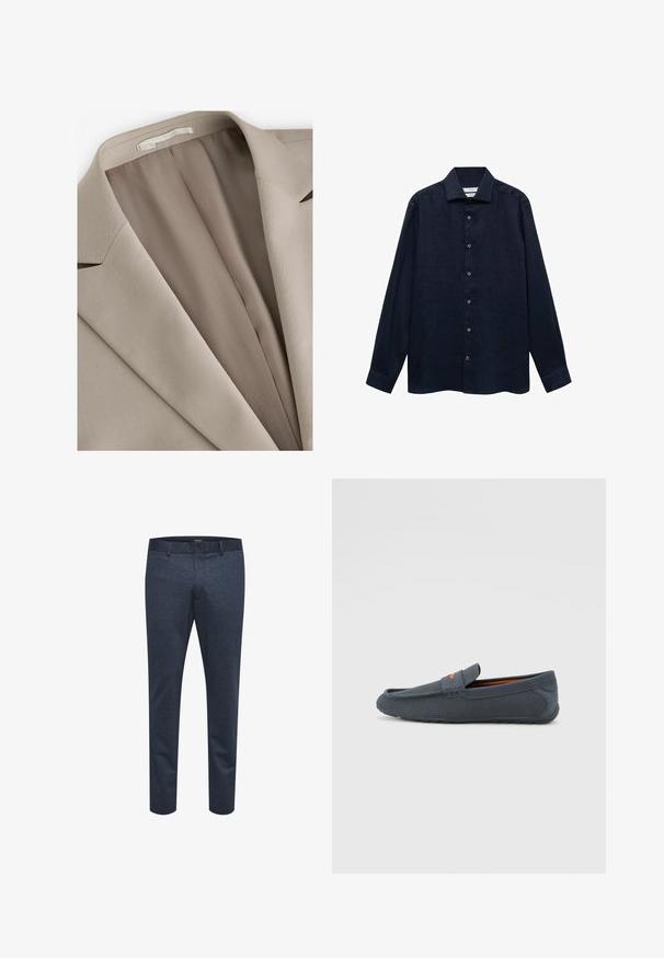 Světlý béžový kabát s klasickým klopem, hladkou texturou a jemným leskem. Interiér je podšitý tmavší odstín pro kontrast.; Tmavě modrá košile s dlouhým rukávem z lehkého materiálu, s knoflíkovou přední stranou, klasickým límcem a knoflíkovými manžetami. Hladká textura a jednoduchý design.; Námořnické modré kalhoty vyrobené z texturované látky se slim fit, s knoflíkovým zapínáním a poutky na pásek, vhodné pro každodenní nebo formální nošení.; Šedé perforované mokasíny s jednoduchým obutím, které mají oranžový akcent, zaoblenou špičku a strukturovanou gumovou podrážku.