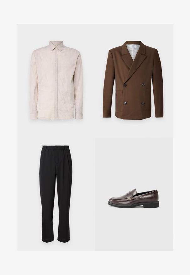 Libertine-Libertine PUBLIC - Dressjakke - chocolate; Lys beige langermet skjorte med knappestolpe og strukturert mønster, med krage og matchende knapper foran.; Svarte bukser med elastisk midje, knappelukking og rett ben-design. Glatt stoff, uten synlige mønstre eller detaljer.; Brune lærloafers med en glat finish, der har en subtil syet detalje på overdelen og en sort gummisål.