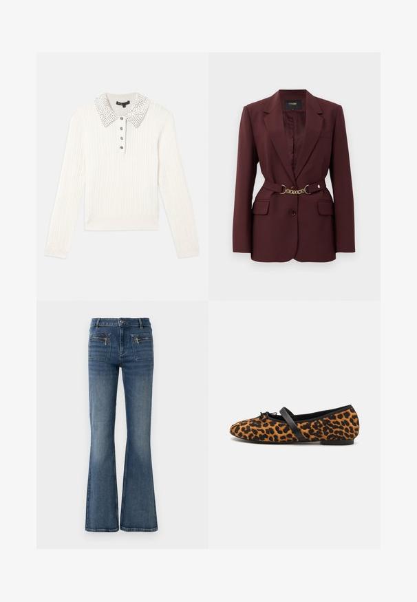 Burgundy zakó karcsúsított fazonnal, két elülső zsebbel, egy gombos záródással és arany láncból készült övvel. Formális alkalmakra alkalmas.; Fehér kabelmintás, hosszú ujjú pulóver gyöngyökkel díszített gallérral és négy fekete díszgombbal az elülső légzőnyíláson.; Fellábú, kék farmernadrág közepes derékkal, elülső és hátsó zsebekkel, finoman kopott mosással.; Leopárd mintás balett cipők fekete részletekkel, kerek orral, lapos talppal és díszes masnival az elején. Puha tapintású.