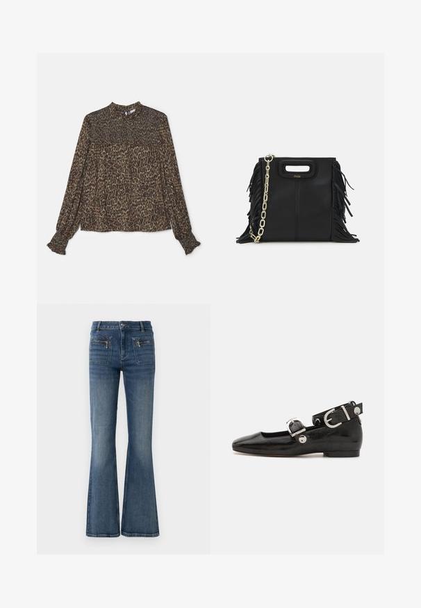 Burgundský blejzer so priliehavým strihom, dvomi prednými vreckami, jedným gombíkom a zlatým reťazovým pásom. Vhodný na formálne príležitosti.; Blúzka s leopardím vzorom v odtieňoch hnedej a zelenej, s vysokým golierom, dlhými rukávmi a elastickým lemovaním na spodnom okraji a na manžetách.; Modré rifľové nohavice s rozšírenými nohavicami a stredne vysokým pásom, s prednými a zadnými vreckami a jemným vyblednutím.; Čierne lakované baleríny so štvorcovou špičkou, remienkom okolo členka so striebornými prvkami a plochou podrážkou. Hladký povrch s minimalistickým dizajnom.; Čierna kožená kabelka s strapcami, zlatým reťazovým ramenným popruhom a vykrojenou rukoväťou. Na prednej strane sa nachádza logo.