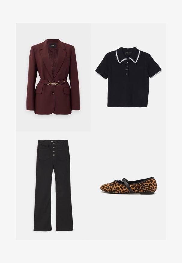 Burgunderjakke med en tettsittende desain, to frontlommer, en knappelukking, og en gullkjede belte aksent. Passer for formelle anledninger.; Svart strikket polo skjorte med hvit bølgekant og trim, kort erm, og seks knapper foran. Teksturert stoff.; Svarte denim jeans med utsvingt ben, høy midje, fem lommedesign og frontlukking med fire metallknapper.; Leopardmønstret ballettsko med svarte detaljer, med rund tå, flat såle og en dekorativ sløyfe foran. Myk tekstur.