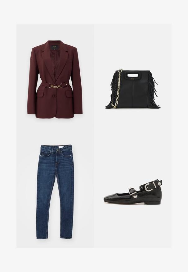 Burgundy zakó karcsúsított fazonnal, két elülső zsebbel, egy gombos záródással és arany láncból készült övvel. Formális alkalmakra alkalmas.; Sötétkék bordázott póló, hegyes gallérral, rövid ujjakkal és két elülső zsebbel, amelyek patentgombokkal záródnak; fehér varrási díszítésekkel kiemelve.; Sötétkék farmernadrág, slim fit szabással, gombos és cipzáras záródással, öt zsebbel és kontrasztos varrási részletekkel.; Fekete lakkbőr lapos cipő négyzet alakú orral, ezüst hardware-rel ellátott bokapánttal és lapos talppal. Simaságával és minimalista dizájnjával kiemelkedő.; Fekete bőr kézitáska, frufrus részletekkel, arany láncos vállpánttal és kivágott fogantyúval. Az elülső részen logó található.